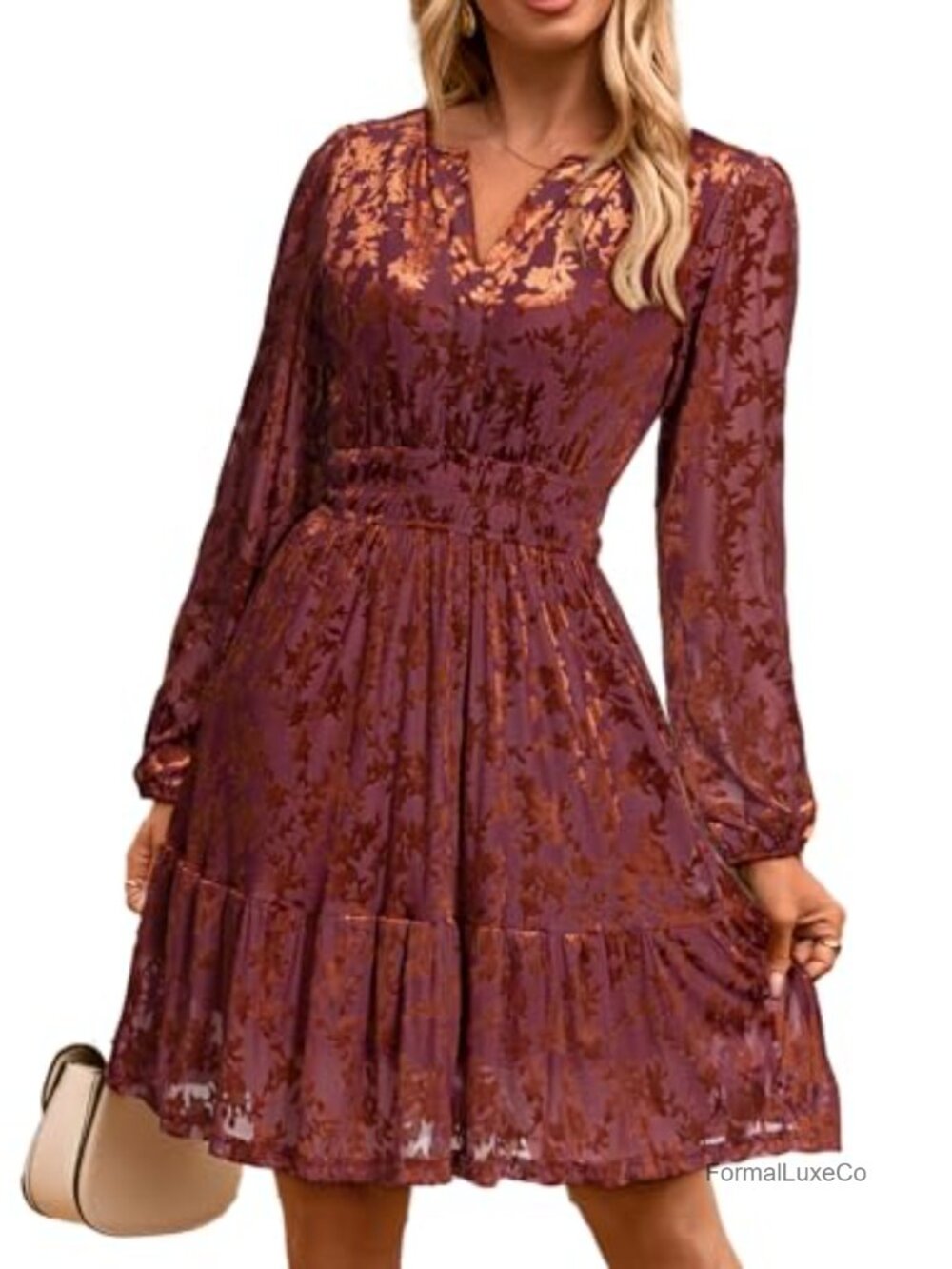 Velvet Mini Dress Long Sleeve V Neck Empire Waist A-Line Cocktail Party
